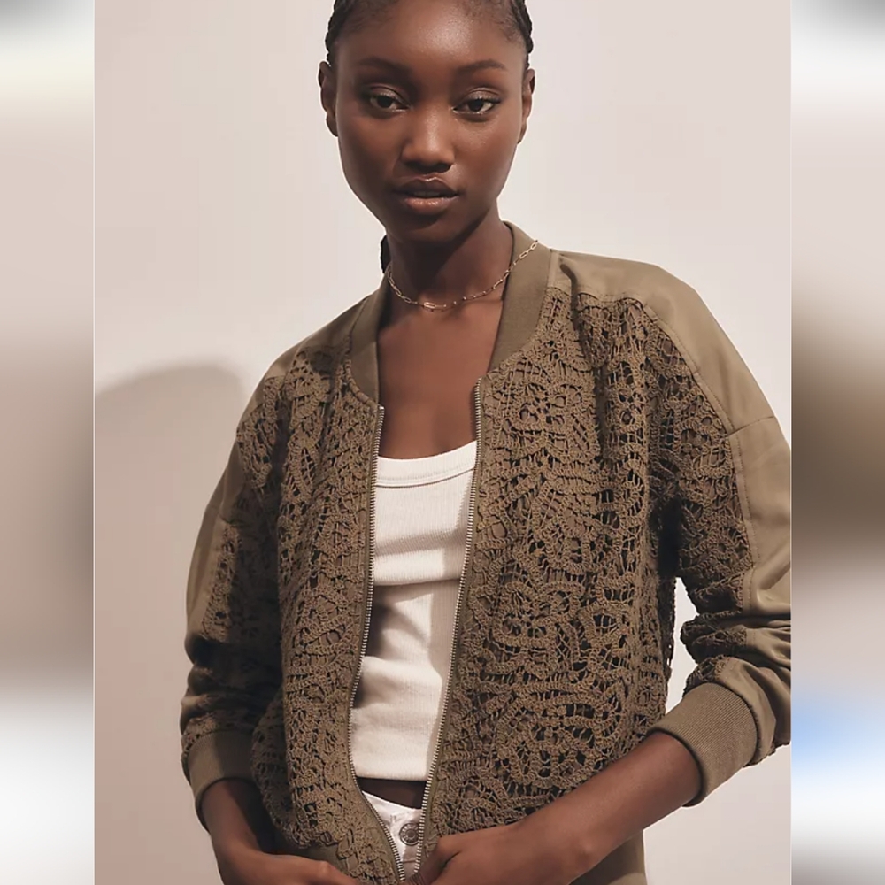 Anthropologie Olive Crochet-Panel Bomber Jacket